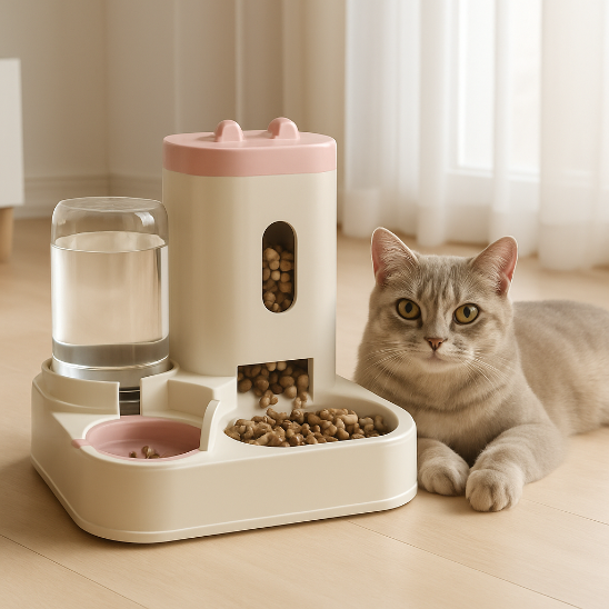 distributeur de croquettes pour chat rose feedmate