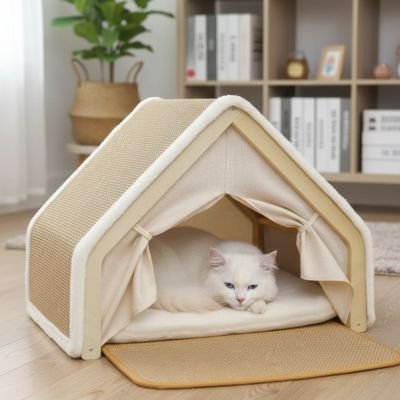 chat blanc couche dans maison pour chat fluffhouse