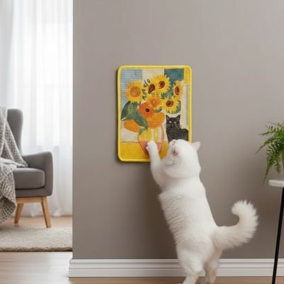 chat blanc fait griffes sur tapis griffoir pour chat clawmat