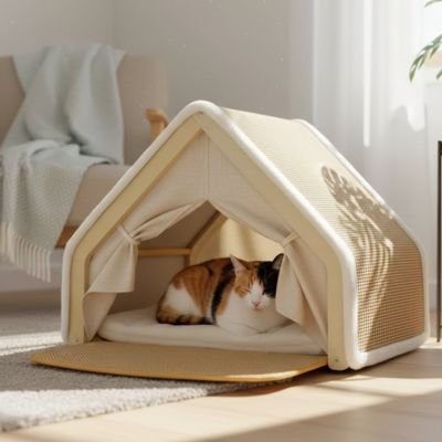 chat endormi dans maison pour chat fluffhouse