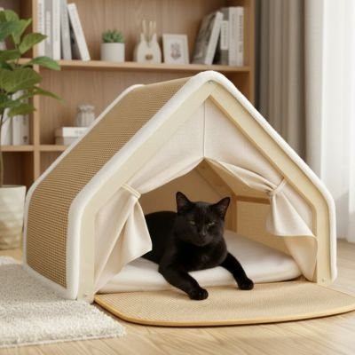 chat noir relax dans maison pour chat fluffhouse