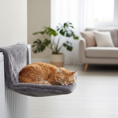 chat roux endormi profondement dans hamac radiateur pour chat furwarm
