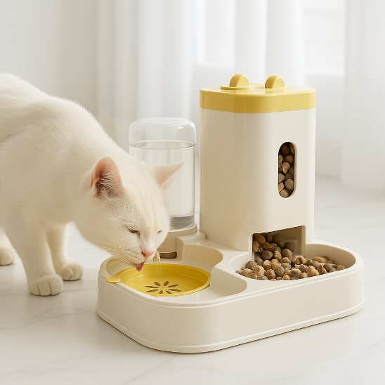 distributeur de croquettes pour chat jaune feedmate