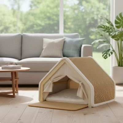 maison pour chat fluffhouse dans salon pres divan