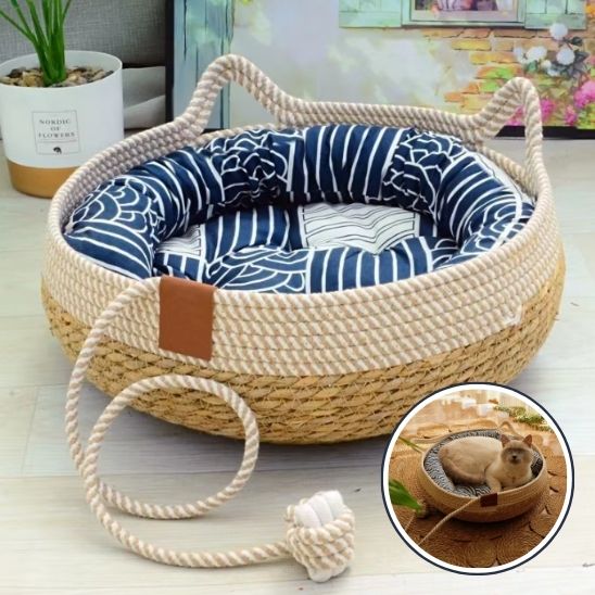 panier en osier pour chat bleu rattancat